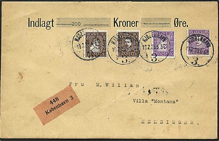 15 øre Chr. X og Chr. IV, samt 20 øre Chr. X og Chr. IV Postjubilæum på 70 øre frankeret værdibrev fra Kjøbenhavn 3 d. 19.2.1925 til Helsingør.