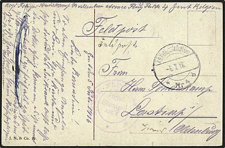 Ufrankeret feltpostbrevkort (Gand, Belgien) stemplet K.D.Feldpoststation Nr.4 d. 6.7.1916 til Loistrup, Oldenburg. Briefstempel: Armee-Flug-Park Nr. 4 Abt.1