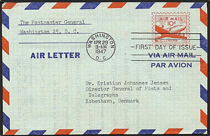 10 cent aerogram fra Washington, USA, d. 29.4.1947 til København.