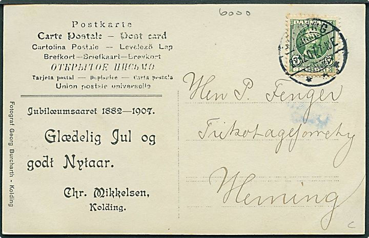 Jubilæumsaaret 1882 - 1907, Glædelig Jul og godt Nytaar, Chr. Mikkelsen, Kolding. Fotokort. Fotograf Georg Burcharth, Kolding u/no. 