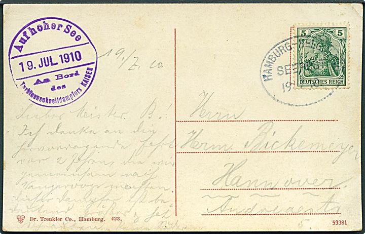 5 pfg. Germania på brevkort (Turbinendampfer Kaiser) annulleret med skibsstempel Hamburg - Helgoland Seepost d. 19.7.1910 til Hannover. Sidestemplet Auf hoher See / 19. JUL 1910 / An Bord des Turbinenschnelldampfers Kaiser.