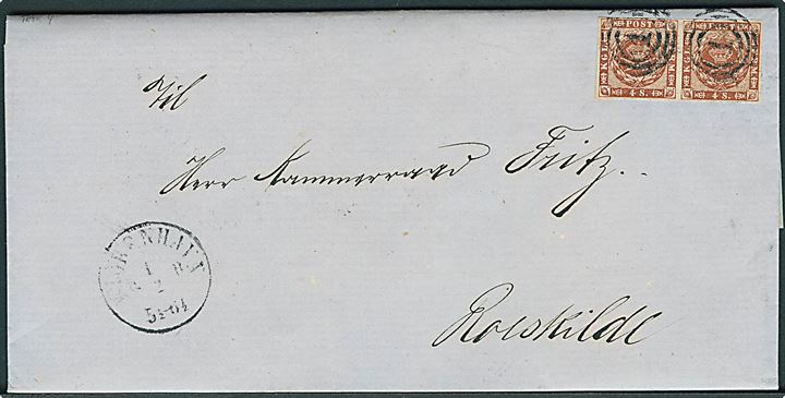 4 sk. 1858 udg. 4. tryk i smukt parstykke på dobbeltbrev annulleret med nr.stempel 1 og sidestemplet antiqua Kjøbenhavn KB d. 10.2.1862 til Roskilde.