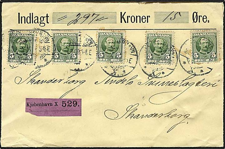 5 øre Fr. VIII på 25 øre frankeret værdibrev fra Kjøbenhavn d. 21.4.1909 til Skanderborg.