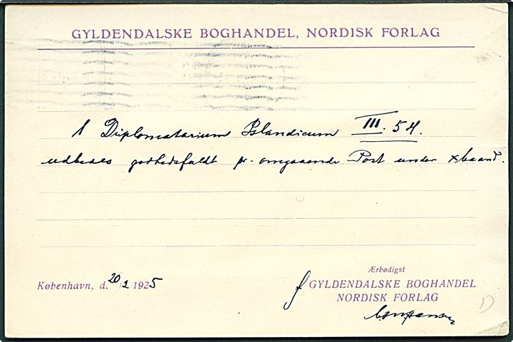 8 øre Bølgelinie med perfin G.B. på brevkort fra Gyldendals Boghandel i København d. 20.2.1925 til Reykjavik, Island. Underfrankeret med 7 øre, men ikke udtakseret i porto.