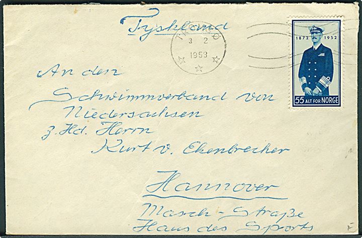 55 øre Haakon 80 år single på brev fra Tromsø d. 3.2.1953 til Hannover, Tyskland. Interessant afsender: Roland Hasche, Tromsø, Norge Tirpitz. Muligvis sendt fra person med tilknytning til nedbrydning af vraget af det tyske krigsskib Tirpitz ved Tromsø.
