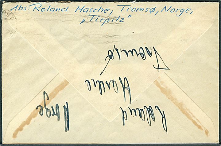 55 øre Haakon 80 år single på brev fra Tromsø d. 3.2.1953 til Hannover, Tyskland. Interessant afsender: Roland Hasche, Tromsø, Norge Tirpitz. Muligvis sendt fra person med tilknytning til nedbrydning af vraget af det tyske krigsskib Tirpitz ved Tromsø.