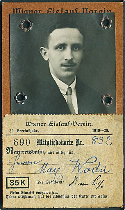 Wiener Eislauf Verein. Medlemskort med foto for 1919-1920.
