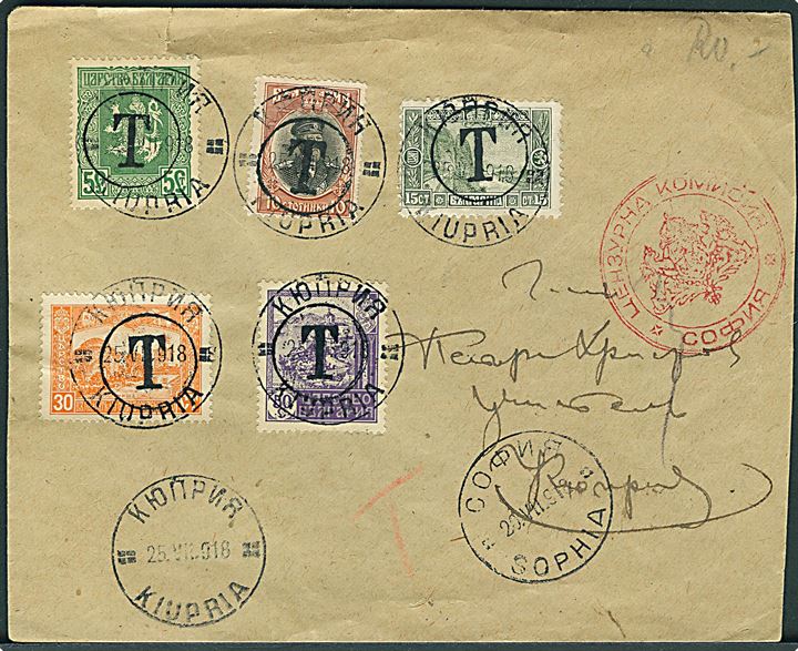 Div. udg. med T stempel på filatelistisk brev fra Kiupria d. 25.7.1918 til Sofia. Rød Sofia censur.
