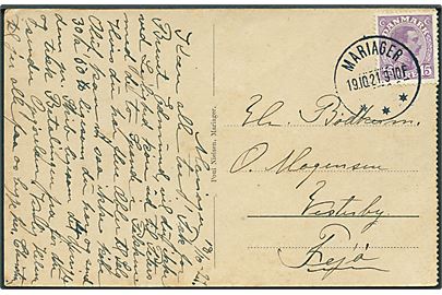 15 øre Chr. X på brevkort (Hotel Postgaarden i Mariager) annulleret med brotype IIIb Mariager d. 19.10.1921 til Vesterby, Fejø.