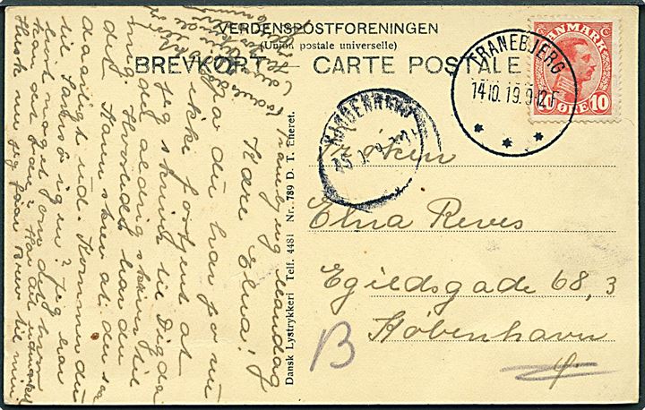 10 øre Chr. X på brevkort annulleret med brotype IIIb Tranebjerg d. 14.10.1919 til København.