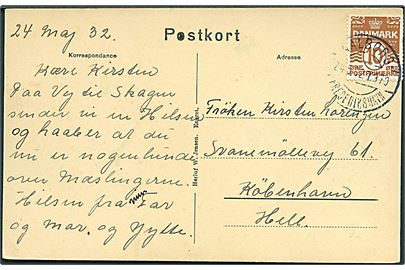 10 øre Bølgelinie på brevkort (Skagens Gren med fyrtårn) annulleret med bureaustempel Aalborg - Frederikshavn T.970 d. 24.5.1932 til København.