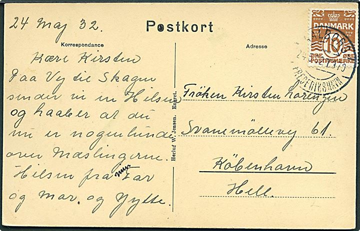 10 øre Bølgelinie på brevkort (Skagens Gren med fyrtårn) annulleret med bureaustempel Aalborg - Frederikshavn T.970 d. 24.5.1932 til København.