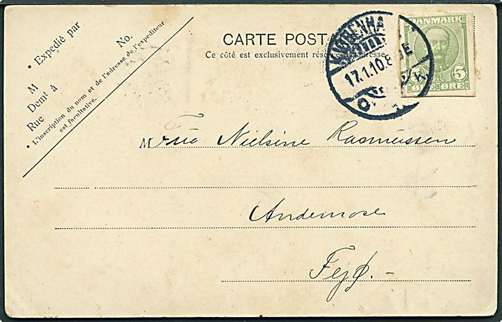 5 øre Fr. VIII helsagsafklip som frankering på brevkort fra Kjøbenhavn d. 17.1.1910 til Andemose, Fejø.