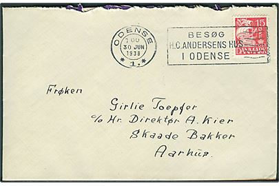 15 øre Karavel på brev annulleret med TMS Besøg H. C. Andersens Hus i Odense/Odense *1.* d. 30.6.1938 til Aarhus.