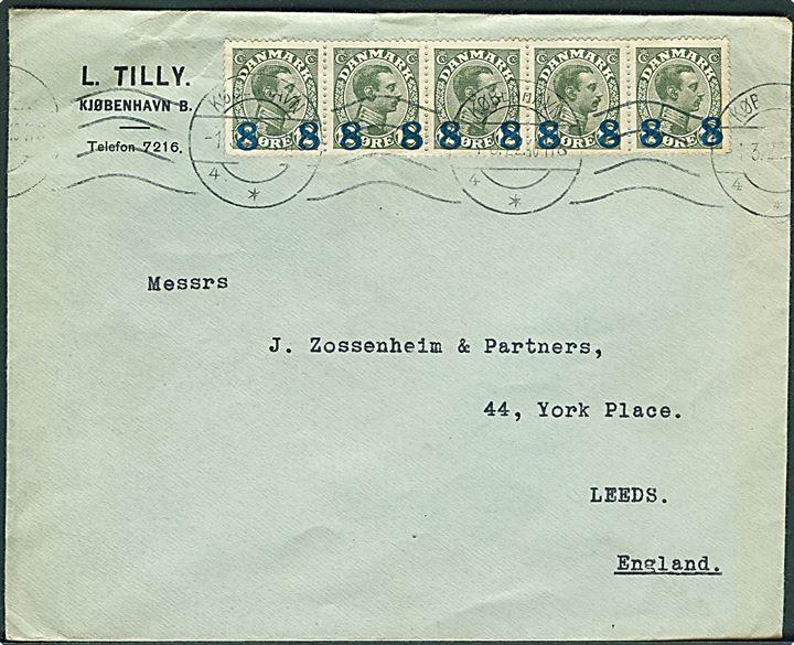 8/12 øre Provisorium i vandret 5-stribe på brev fra København d. 1.3.1922 til Leeds, England.