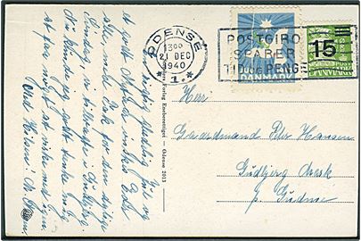 15/40 øre Provisorium og Julemærke 1940 - med tydelig papirfold - på brevkort (Havneparti fra Odense) stemplet Odense d. 21.12.1940 til Gudbjerg Mark pr. Gudme.