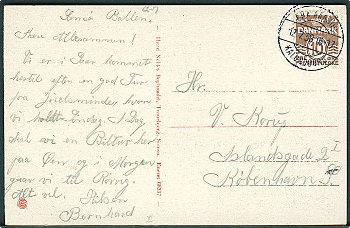 10 øre Bølgelinie på brevkort (Samsø. Vej til Strandbakkerne) dateret Ballen Samsø og annulleret med brotype IIc skibsstempel Fra Aarhus Kalundborg d. 12.7.1938 til København.