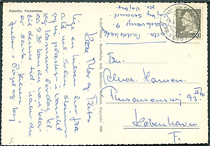 40 øre Fr. IX på brevkort annulleret med pr.-stempel Vejby Strand pr. Vejby (type I) d. 24.6.1965 til København. Vanskeligt stempel fra sommerbrevsamlingssted 4 år senere end registreret i Skilling.