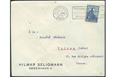 30 øre Thorvaldsen på firmakuvert fra København d. 12.12.1938 til Voiron, Frankrig. På bagsiden Julemærke 1938 bundet til kuvert af ank.-stempel Voiron Isere d. 13.12.1938.