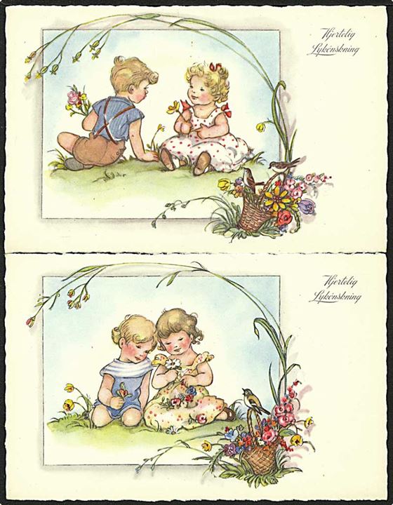 Set på 5 kort med børn og blomster. R. Olsen u/no.