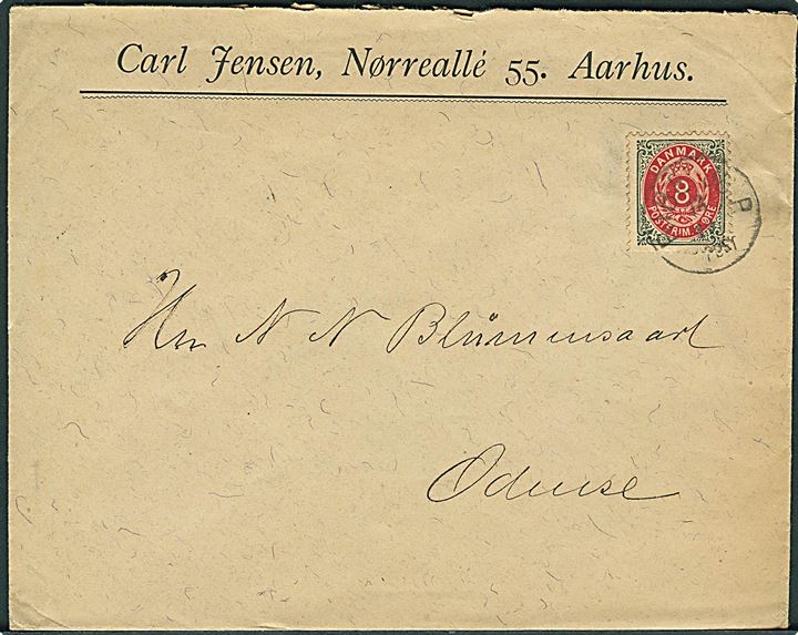 8 øre Tofarvet omv. rm. på brev annulleret med lapidar Ribe JB:P: d. 13.10.1896 til Odense.