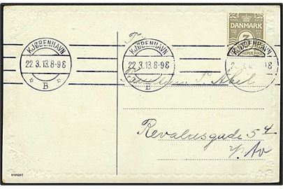 3 øre grå bølgelinie helsagsklip på lokalt sendt postkort fra København d. 22.3.1913.