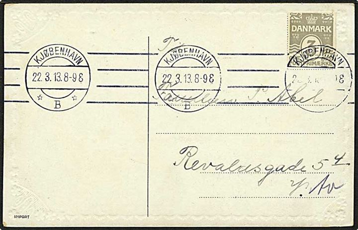 3 øre grå bølgelinie helsagsklip på lokalt sendt postkort fra København d. 22.3.1913.