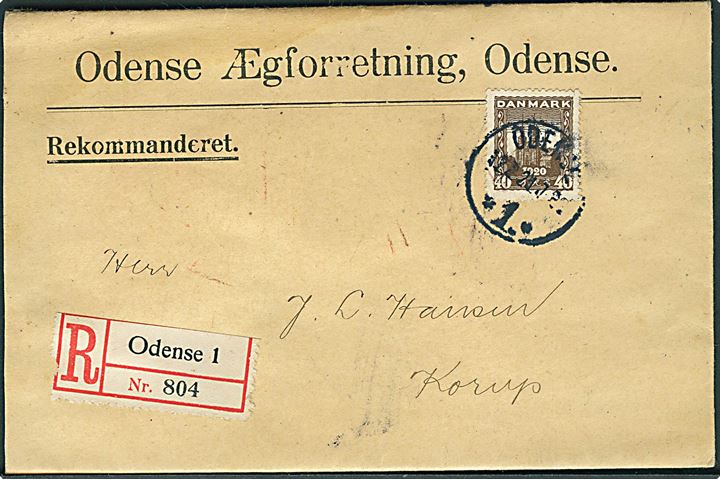 40 øre Genforening single på anbefalet brev fra Odense d. 12.2.1921 til Korup.
