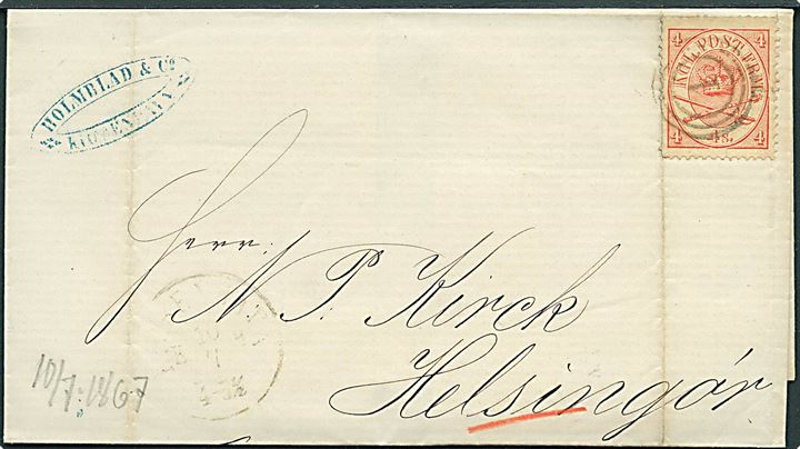 4 sk. Krone/Scepter på brev annulleret med nr.stempel 1 og sidestemplet Kiøbenhavn d. 10.7.1867 til Helsingør.