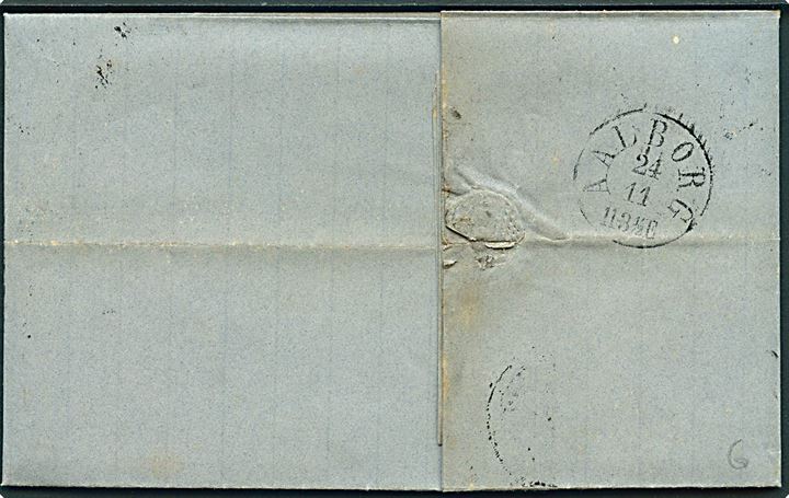 4 sk. Krone/Scepter på dampskibsbrev med indhold dateret i Løgstør d. 23.11.1866 annulleret med nr.stempel 4 og sidestemplet antiqua Aalborg d. 24.11.1866 til Aalborg. Mærke med mindre takningsskade.