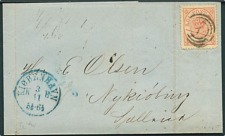 4 sk. Krone/Scepter på brev annulleret med nr.stempel 1 og sidestemplet blåt antiqua Kiøbenhavn KB d. 3.11.1868 til Nykjøbing Sjælland.