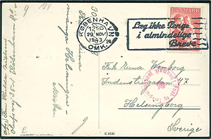 20+5 øre Børneforsorg på brevkort (Kronprinsessen med prinsesse Margrethe) fra København d. 29.11.1943 til Helsingborg, Sverige. Dansk censur. Maxi-kort.