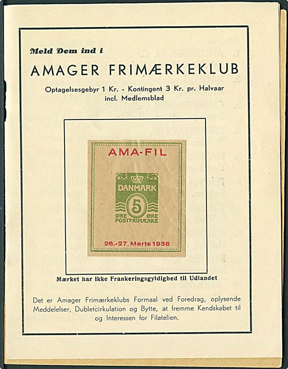5 øre helsagsafklip med udstillings-tiltryk AMA-FIL / 26.-27. Marts 1938 indsat i udstillingskatalog for Propagandaudstilling.
