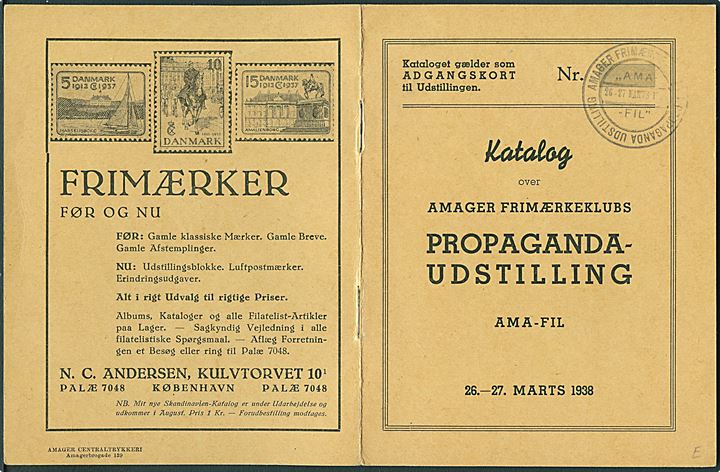 5 øre helsagsafklip med udstillings-tiltryk AMA-FIL / 26.-27. Marts 1938 indsat i udstillingskatalog for Propagandaudstilling.