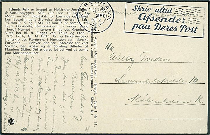 Ufrankeret interneret brevkort (Thaning & Appel Marinekort Serie I nr. 71 Islands Falk) sendt lokalt i København d. 7.9.1943. Fra interneret marinesoldat på Holmen.