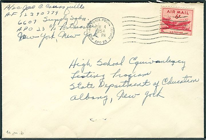 6 cents på brev stemplet Army-Air Force Postal Service APO 23 (= Thule Air Base) d. 4.6.1954 til Albany, USA. Fra 6607th Supply Squadron.