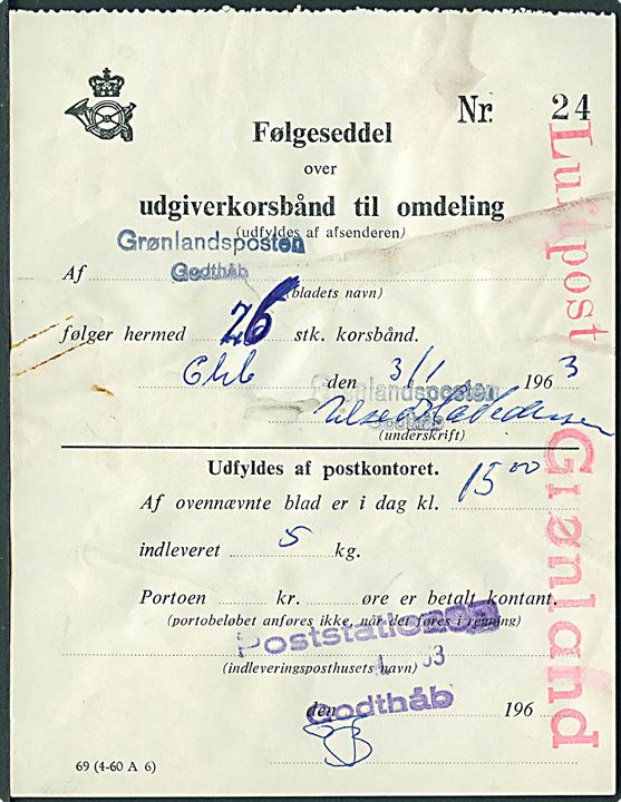 Følgeseddel over udgiverkorsbånd til omdeling - formular 69 (4-60 A6) - fra Grønlandsposten Godthåb stemplet Poststation Godthåb d. x.1.1963. Røde stempler Luftpost og Grønland. Let fugtskadet.