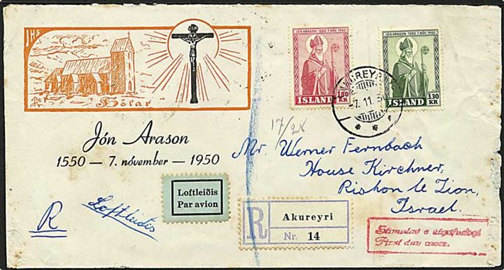 1,80 kr. rød ogt 3,30 kr. grøn Jón Arason på Rec. luftpostbrev fra Akureyri, Island, d. 7.11.1950 til Israel.