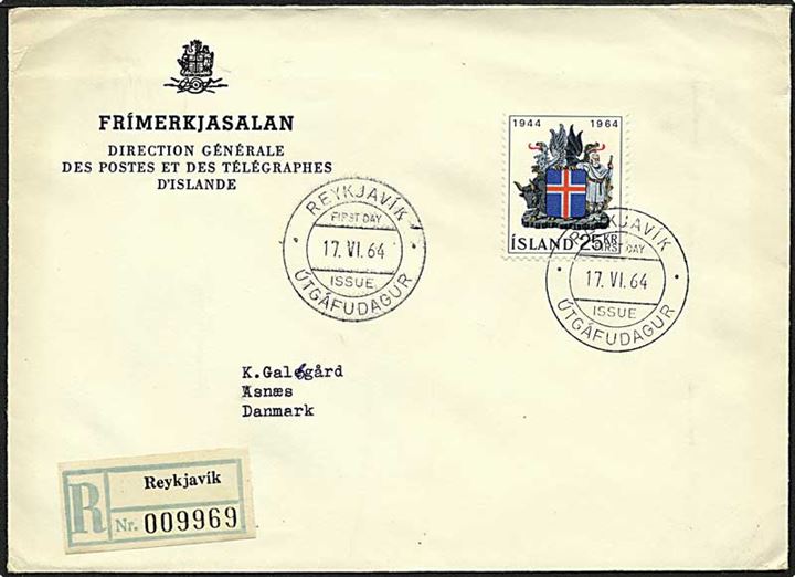 25 kr. flerfarvet rigsvåben singelfrankatur på Rec. brev fra Reykjavik, Island, d. 17.6.1964 til Asnæs.