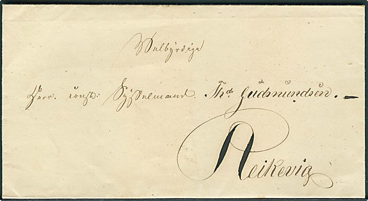 Ca. 1850. Brevomslag adresseret til Sysselmand Th. Gudmundsen i Reikevig (Reykjavik). På bagsiden laksegl: CFJ, uden indhold. 