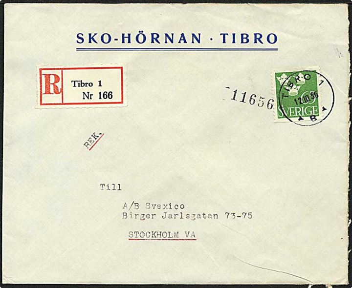 65 øre grøn Tre Kronor singelfrankatur på Rec. brev fra Tibro, Sverige, d. 12.10.1956 til Stockholm.