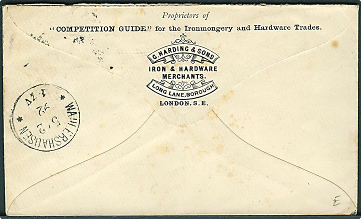 1d Victoria helsagskuvert fra firma G. Harding & Sons opfrankeret med 1½d Victoria med perfin H&S L fra London d. 3.2.1892 til Wahlershausen, Tyskland. 