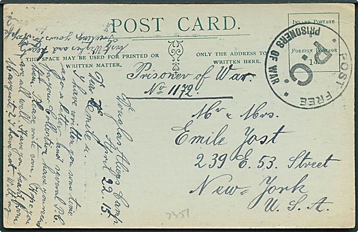 Ufrankeret fortrykt illustreret krigsfangepostkort fra Douglas Aliens Camp d. 22.4.1915 til New York, USA. Sort censurstempel: Post Free * P.C. * Prisoners of war.