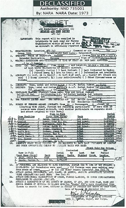 3 cents på brev fra Glendale d. 14.12.1943 til Lt. Carl Mortenson ved 42nd Bomb Sq. 11th Bomb Group APO 240 (= Funafuti, Ellice Islands). Retur med meddelelse om at modtageren er savnet. Carl Mortenson var navigatør ombord på B24D 41-24214 Dogpatch Express som blev skudt ned af japanske Zero jagere i Stillehavet d. 21.12.1943. Missing Air Crew Repport vedlagt. 