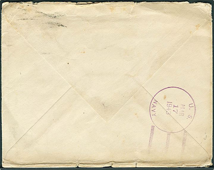 3 cents på brev fra Fruitland d. 15.3.1943 til sømand ombord på US Submarine 17 c/o New York, N.Y. - Forsøgt ombord på USS S-17. Ubåden opererede under krigen fra Panama Canalen, St. Thomas og den amerikanske øskyst.