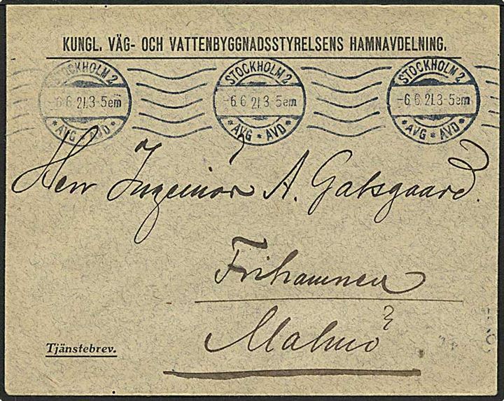 Ufrankeret tjenestebrev fra Stockholm, Sverige, d. 6.6.1921 til Malmø.