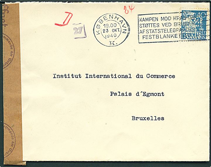 40 øre Karavel med perfin St.D. på fortrykt kuvert fra Det statistiske Departement i København d. 23.10.1940 til Bruxelles, Belgien. Åbnet af tysk censur.