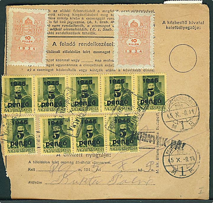 5 pengö/8 f. 1945 Provisorium (14) på for- og bagside af adressekort annulleret med uldent rammestempel d. 5.10.1945 til Pestsze.....