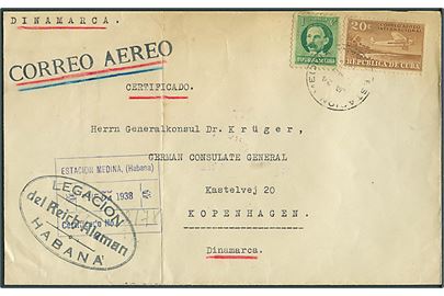 21 c. blandingsfrankeret fortrykt kuvert fra den tyske legation sendt som anbefalet luftpost fra Havana d. 24.1.1938 via Miami og New York til tyske general konsul i København, Danmark. Lodret fold. 