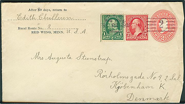 2 cents helsagskuvert opfrankeret med 1 cent og 2 cents annulleret med violet stempel: R.F.D. Red Wing Minn. d. 22.2.1901 til København, Danmark.